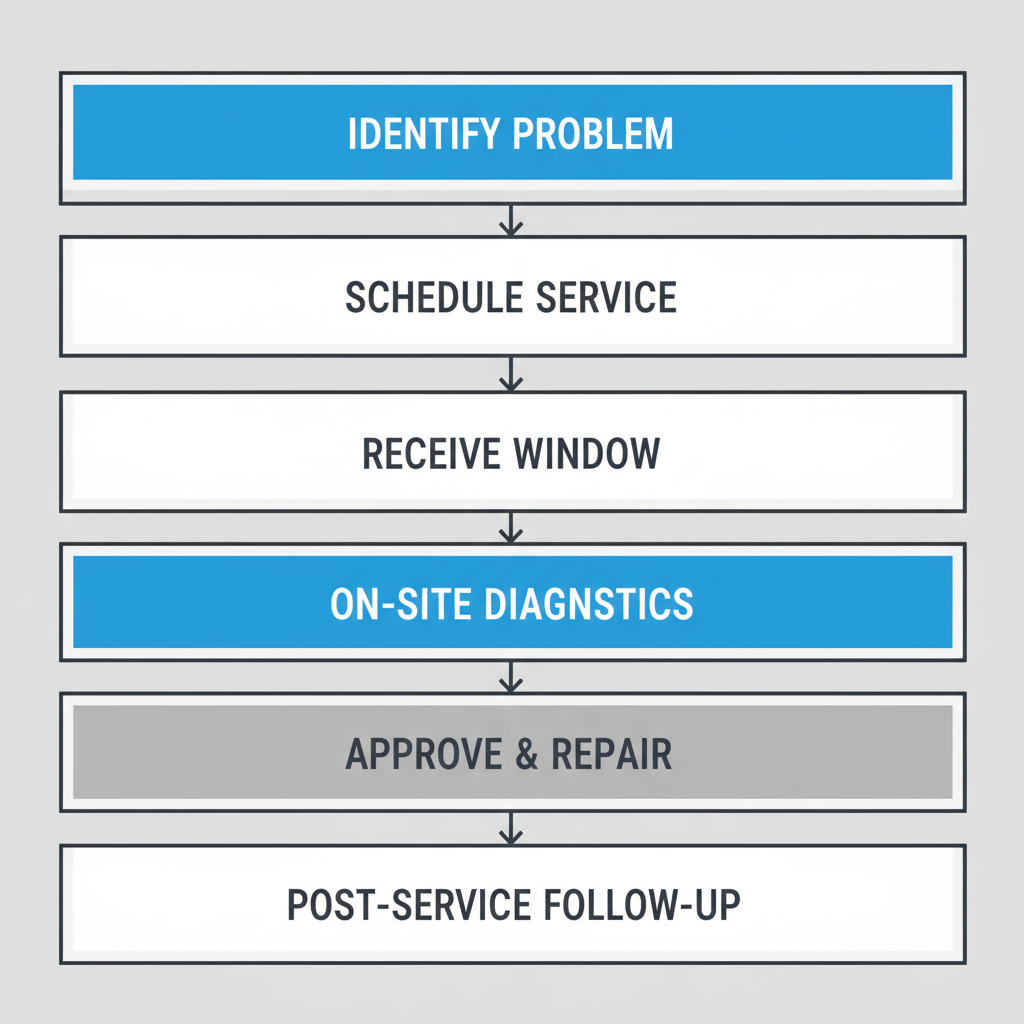 Vertical process flow illustrating the customer journey for Wolf stove repair service in Dallas, from identifying the problem to post-service follow-up.
