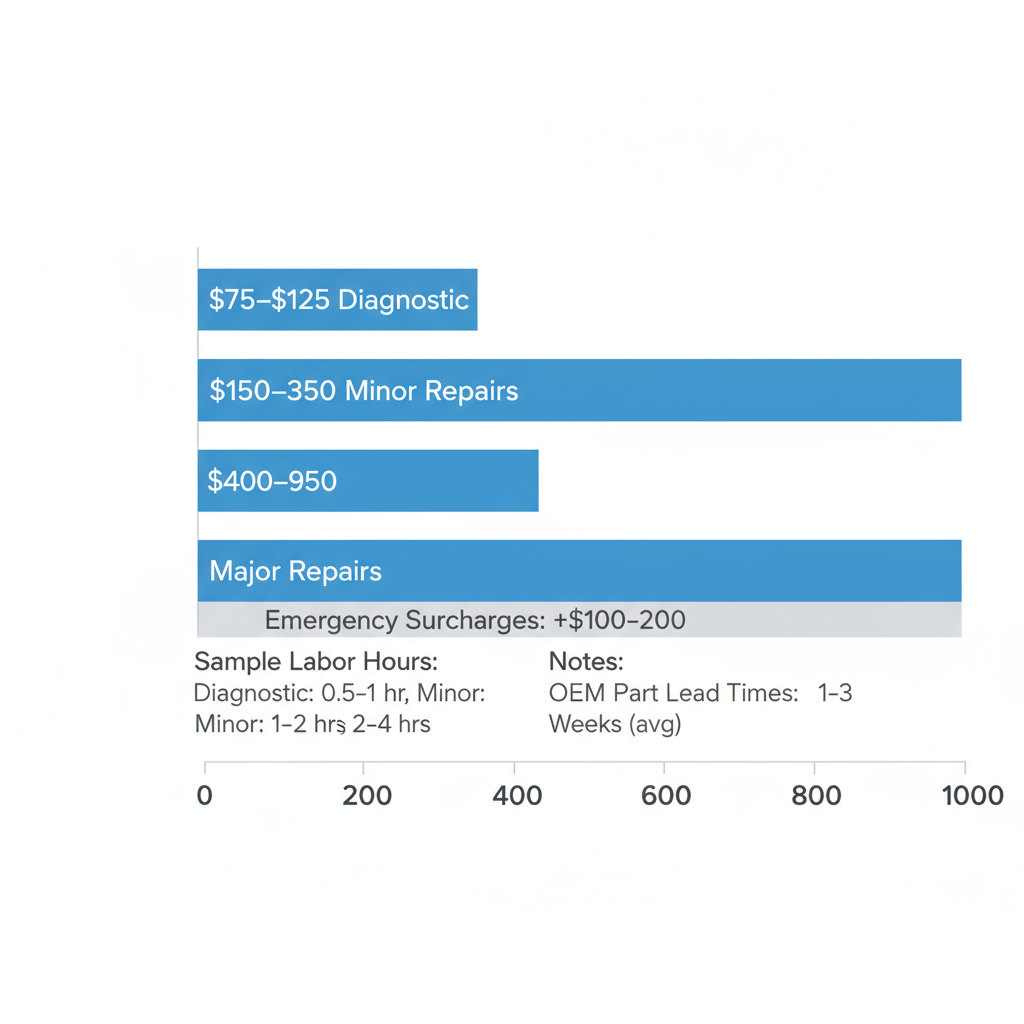 Landscape bar chart visualizing typical repair cost ranges for Wolf stoves in Dallas.
