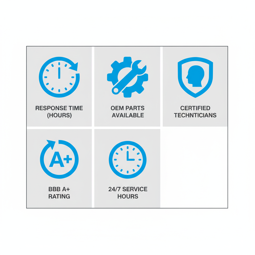 Icon set displaying key service metrics for Sub Zero repair in Lake Oswego, including response time, OEM parts, certified technicians, BBB rating, and service hours.