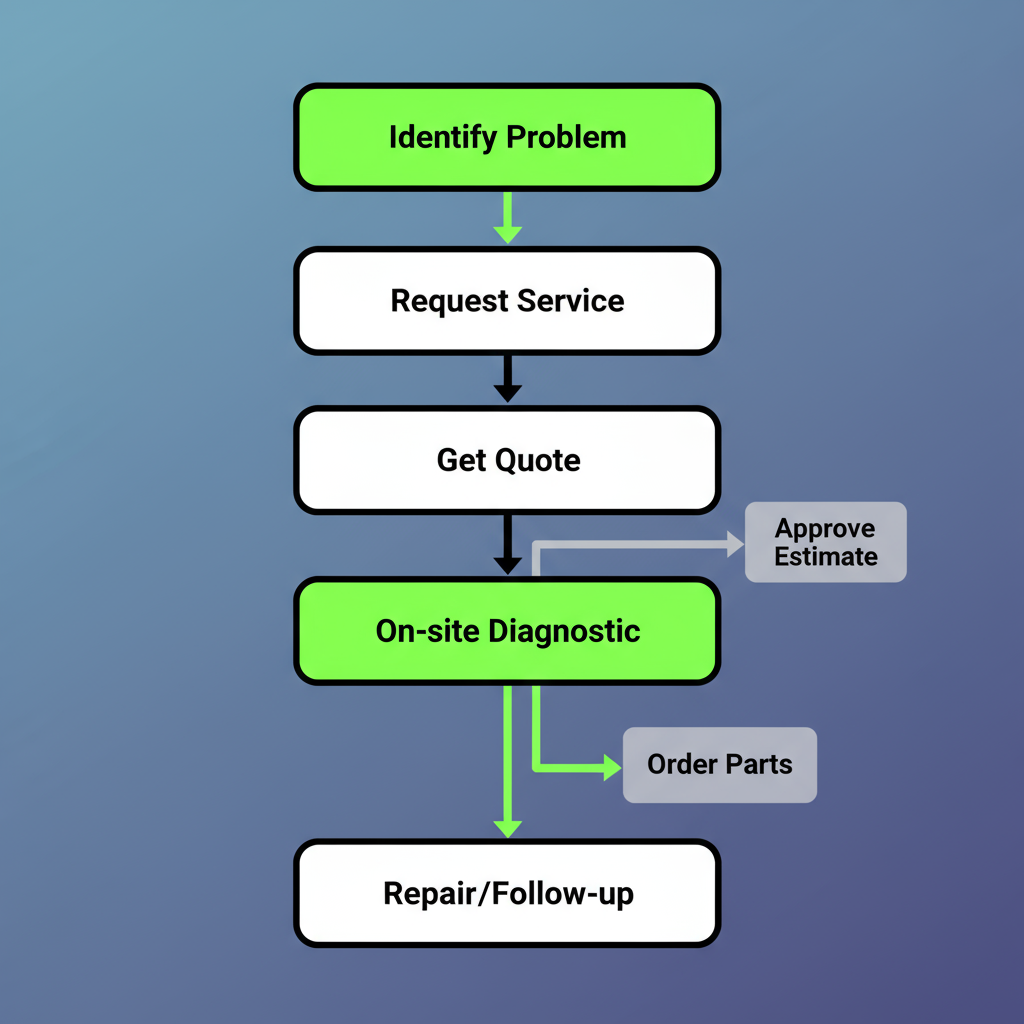Vertical process flow illustrating the five steps to request Sub Zero appliance repair service in Tualatin.