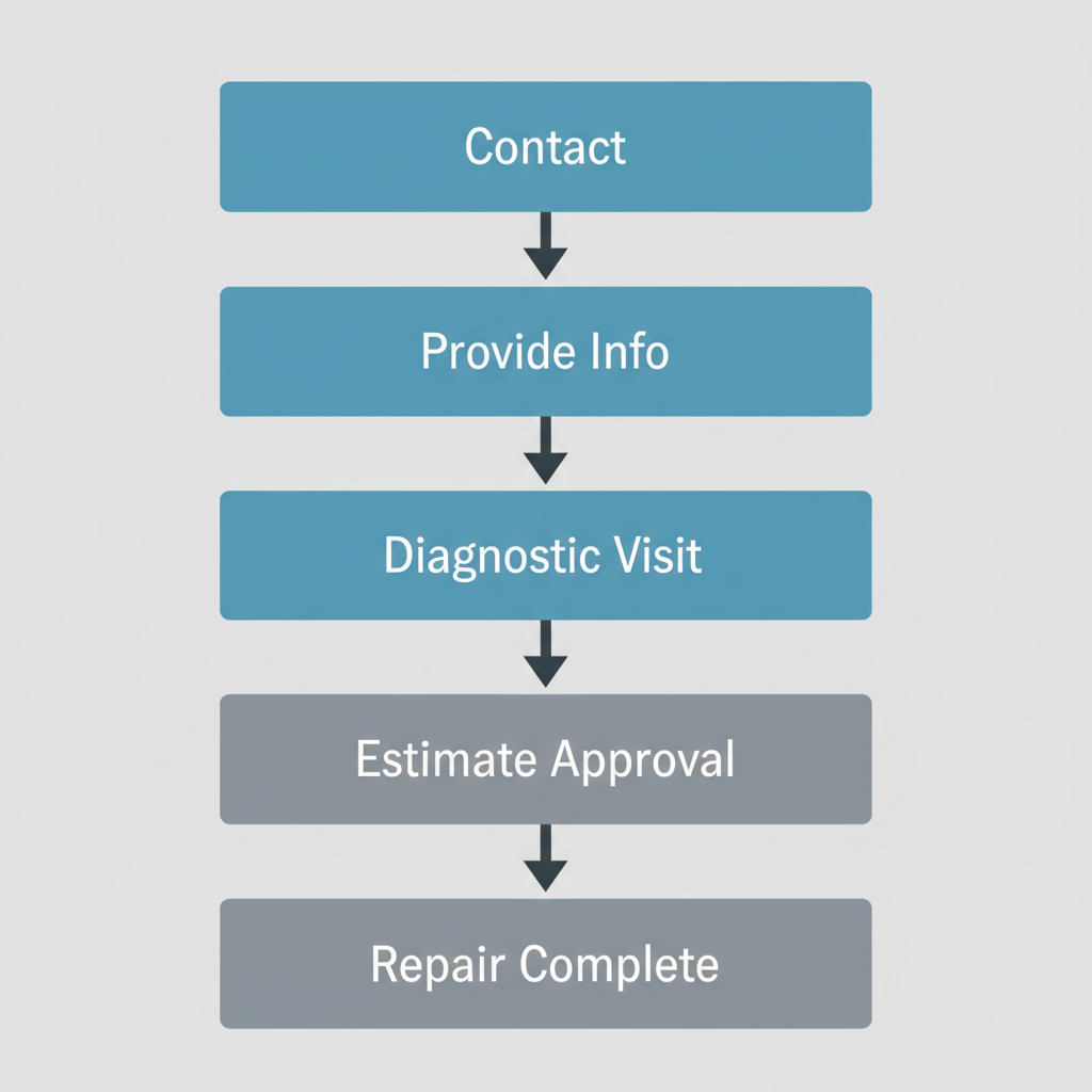 Vertical process flow illustrating the five steps to request appliance repair service with Sub Zero Repair.