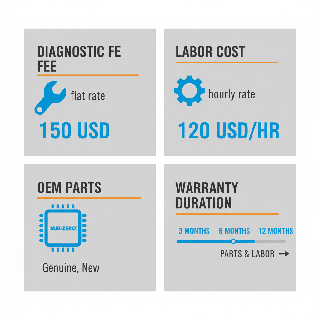 Infographic showing Sub-Zero repair cost components: diagnostic fee, labor, OEM parts, and warranty duration.