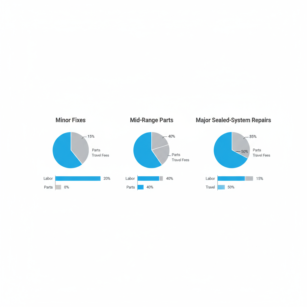 Infographic showing the average cost breakdown for different types of Sub Zero appliance repairs in Dunthorpe, Oregon, detailing minor, mid-range, and major repair categories.