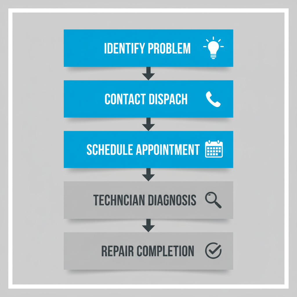 Vertical process flow illustrating the five steps of booking and completing a Sub Zero appliance repair service in Tualatin.