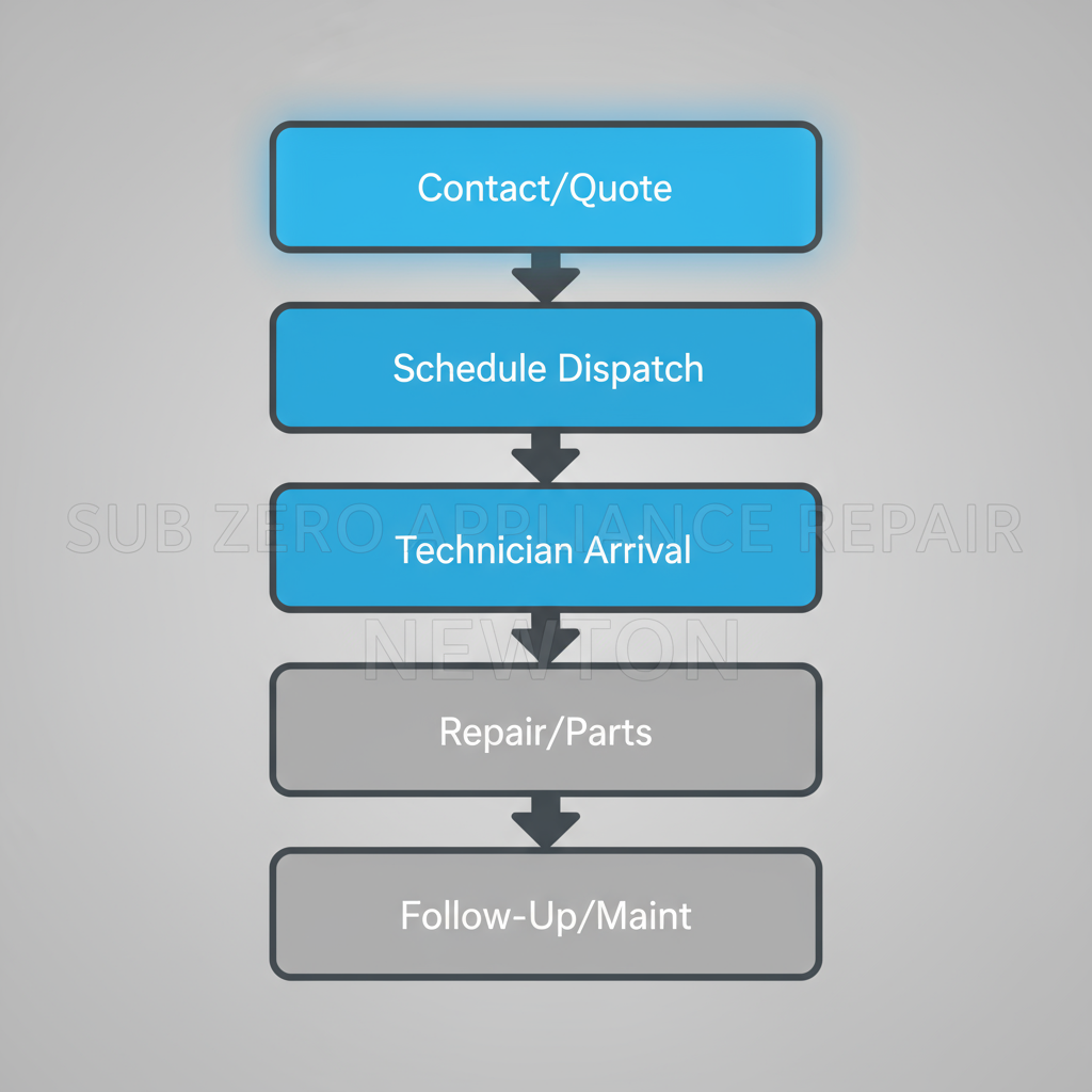 Vertical process flow showing 5 steps from service request to job completion for Sub Zero repair in Newton, MA.