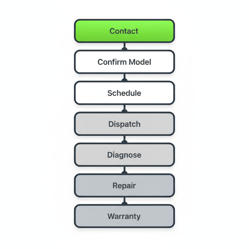 Vertical process flow illustrating the 7 steps to book a Sub-Zero appliance repair service in Brookline, from initial contact to warranty handling.