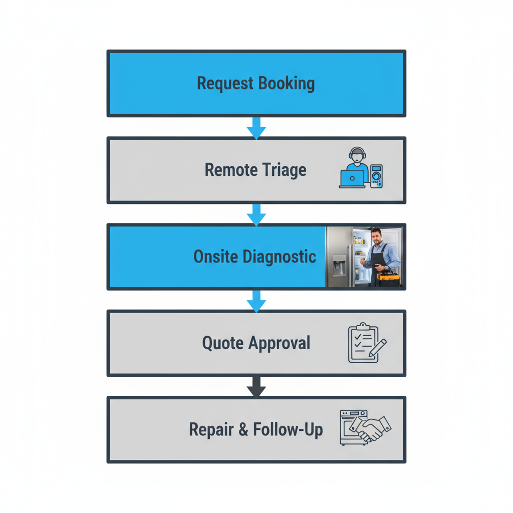 Five-step process for Sub Zero appliance repair service visits, from booking to follow-up.
