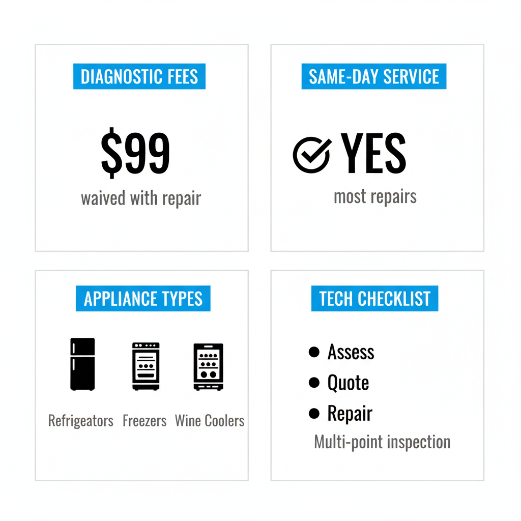 Infographic showing quick facts about Sub Zero appliance repair services in Tigard, including diagnostic fees, same-day service availability, covered appliance types, and technician certification checklist.