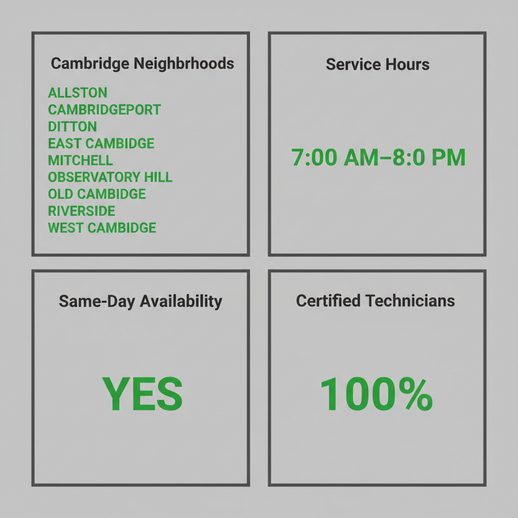Infographic showing Sub Zero repair service availability in Cambridge, including neighborhoods, service hours, and technician certification.