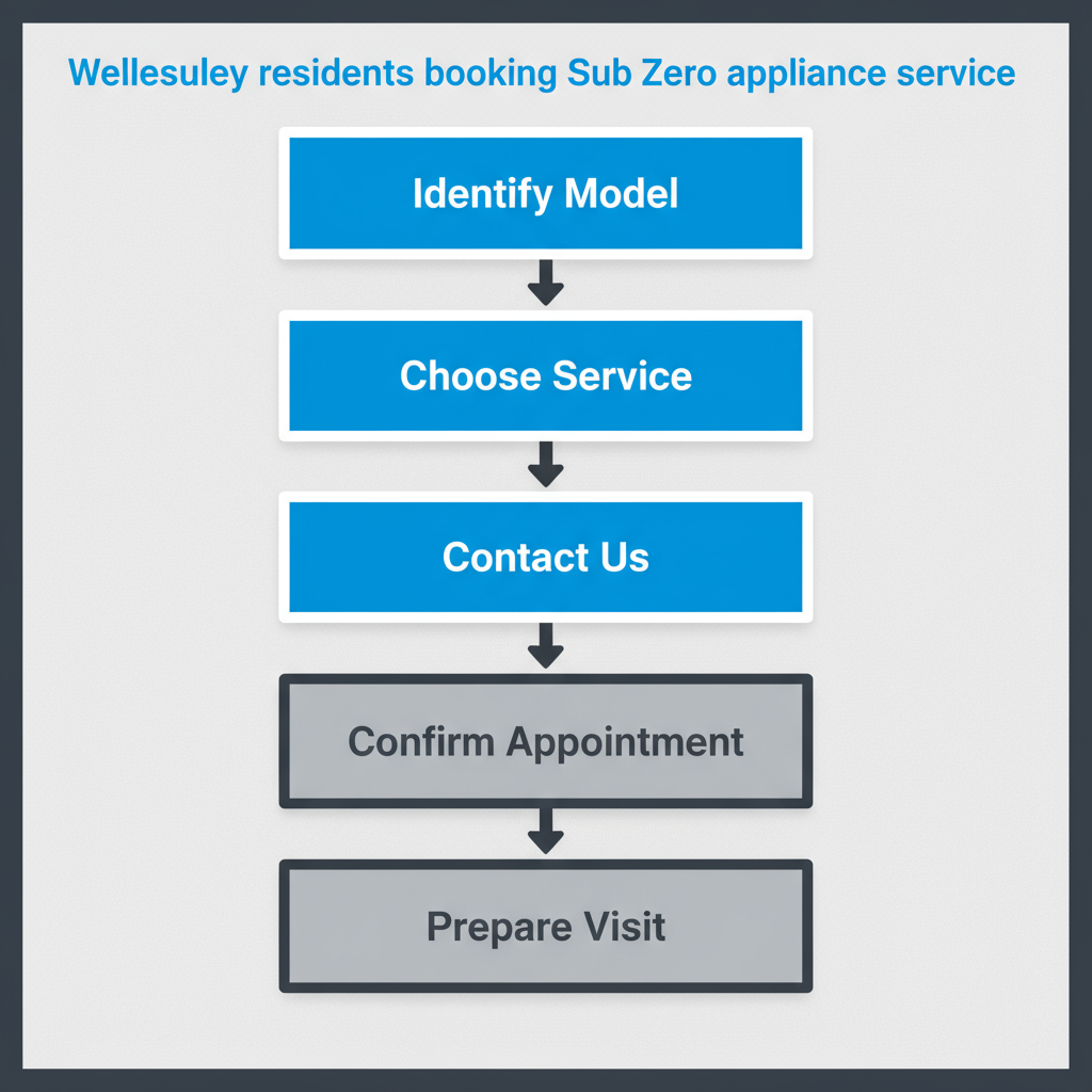 Vertical process flow illustrating the five steps to book Sub Zero appliance repair service in Wellesley, MA.