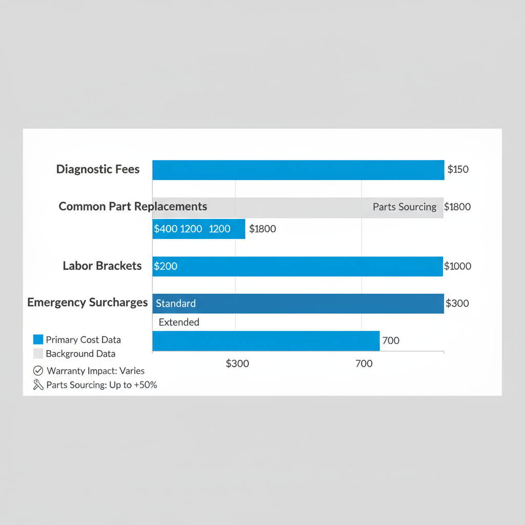 Data visualization showing typical repair cost ranges for Sub-Zero and Wolf appliances, including diagnostic fees, parts, labor, and surcharges.