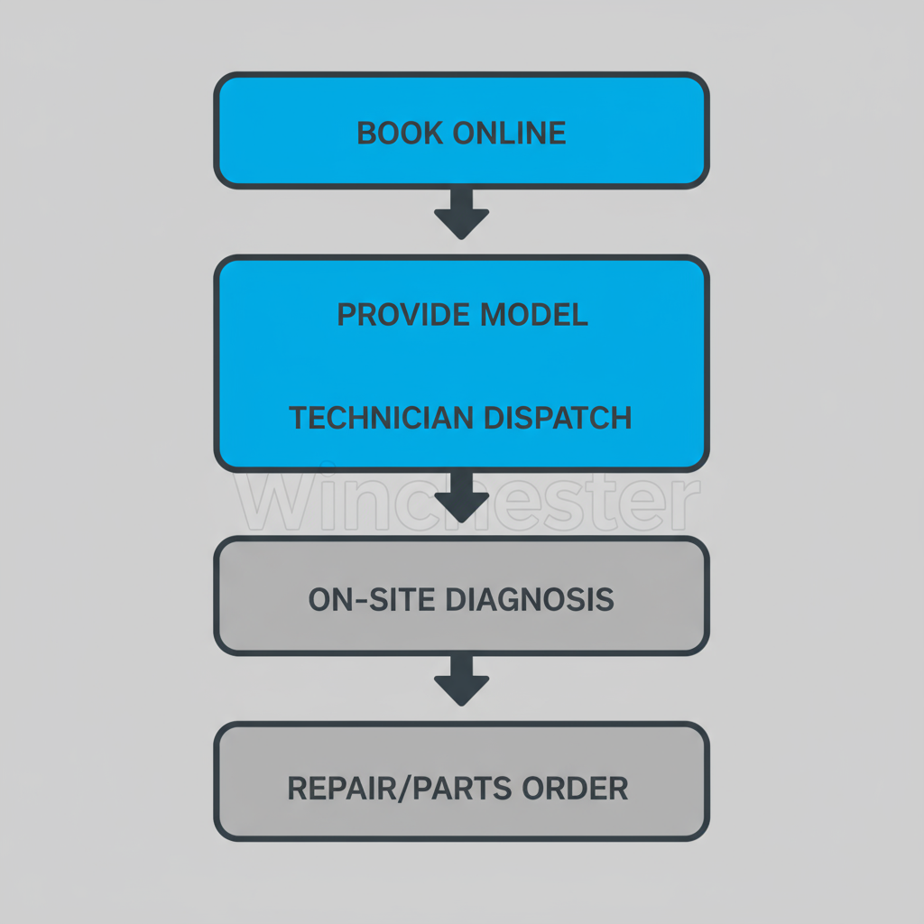 Vertical process flow illustrating 5 steps for Sub Zero and Wolf appliance same-day repair service