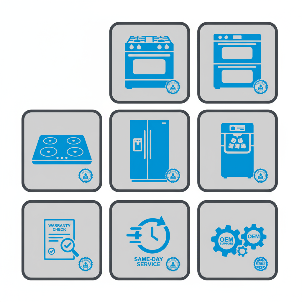 Icon set visualizing various Sub Zero appliance repair services in Winchester with certified technician badges.