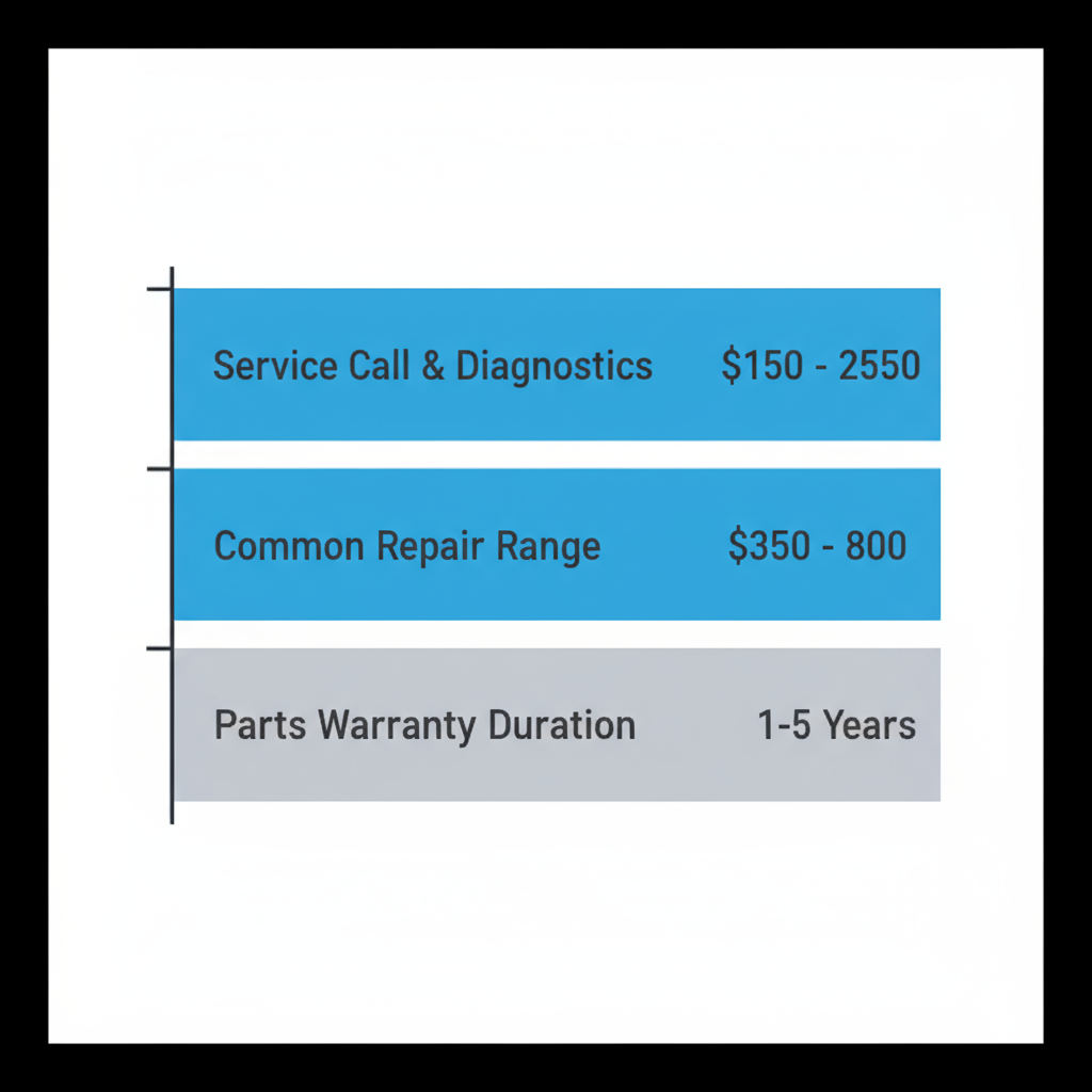Data visualization showing typical repair cost ranges for Wolf appliances, including service call, diagnostic fees, and common repair costs, with parts warranty duration
