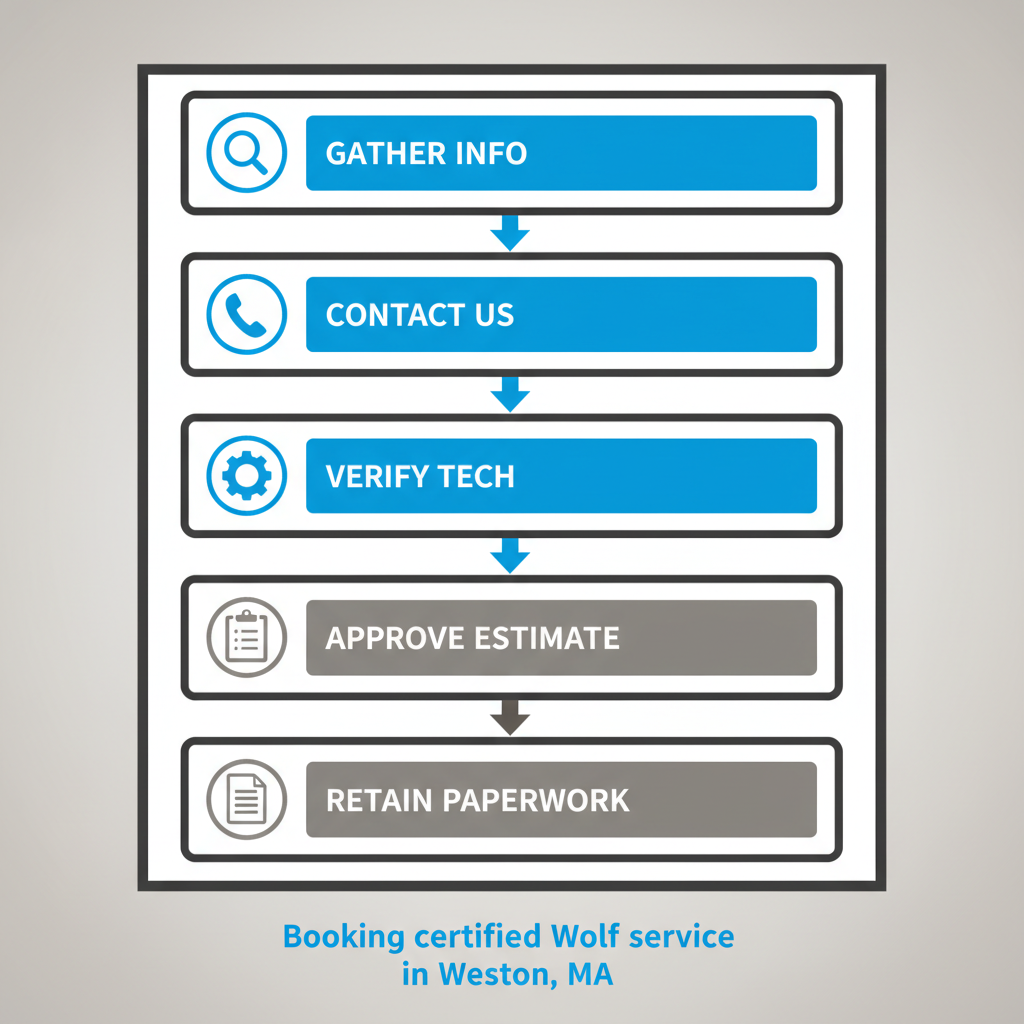 Vertical process flow showing 5 steps to book certified Wolf appliance service, including gathering information, contacting, verifying technician, approving estimate, and retaining paperwork.