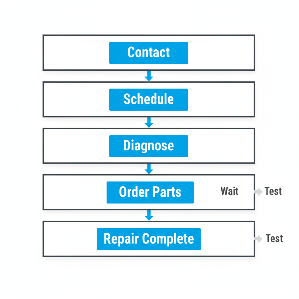 Vertical process flow showing 5 steps for Sub Zero appliance repair service response in Lexington, from customer contact to repair completion.