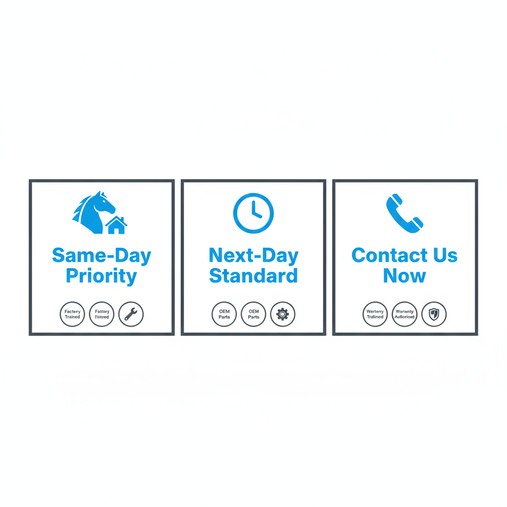 Icon set showing Lexington service areas, response times, and contact information with badges for factory trained, OEM parts, and warranty authorized.