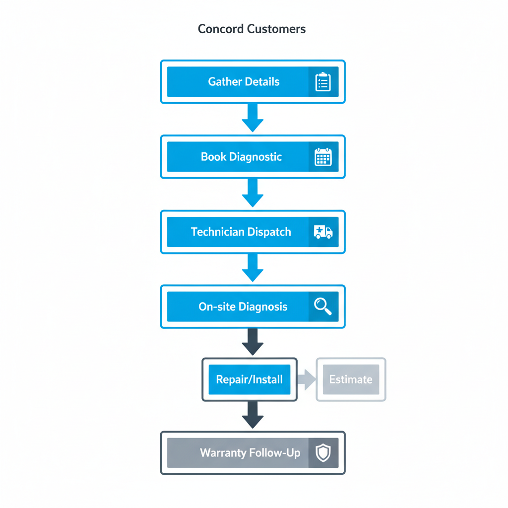 Vertical process flow showing six steps to book a repair service for Sub Zero appliances, emphasizing ease for Concord customers.