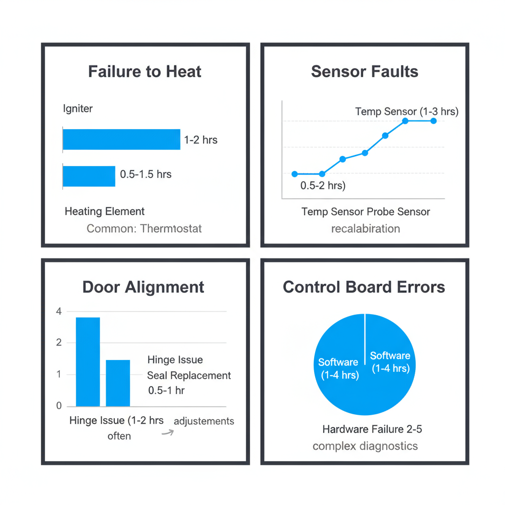 Data visualization showing common Wolf oven faults and average repair times in Concord.