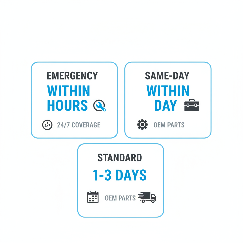 Infographic detailing Sub Zero repair service response times in Beverly Hills, showing emergency, same-day, and standard service tiers.