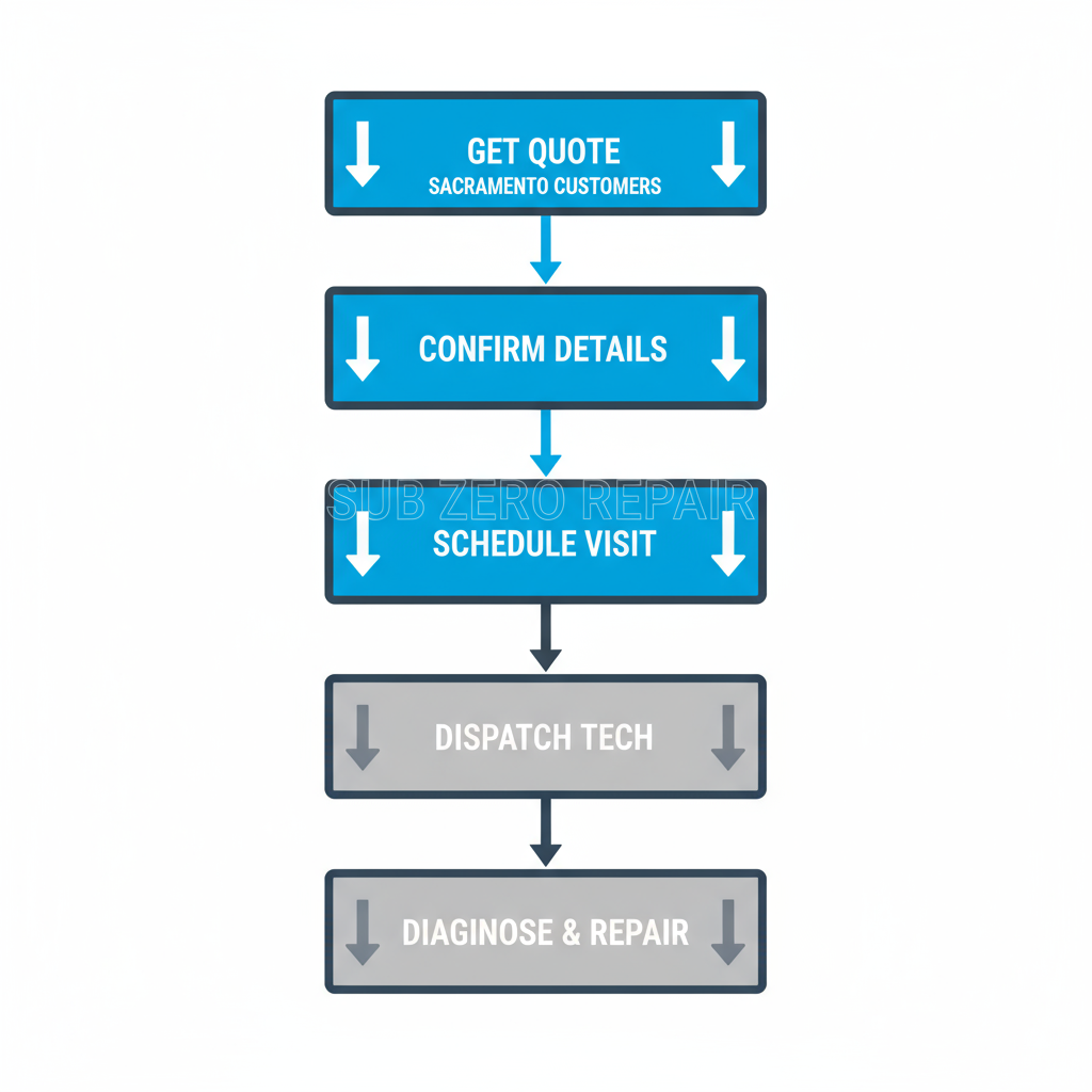 Vertical process flow illustrating 5 steps for booking Sub Zero appliance repair service in Sacramento, from quote submission to on-site diagnosis and repair.