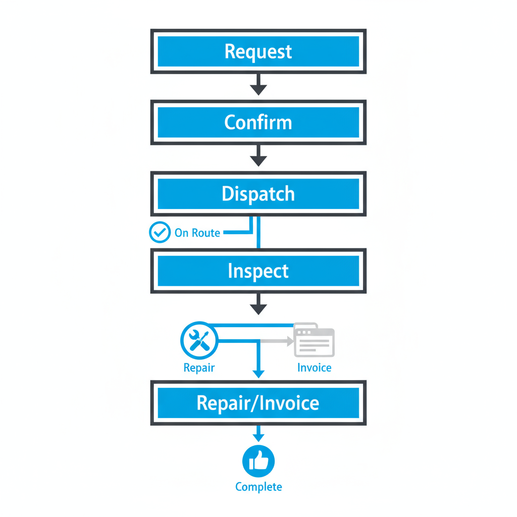 Vertical process flow illustrating the five steps of the Sub Zero appliance repair service: Request, Confirm, Dispatch, Inspect, and Repair/Invoice.