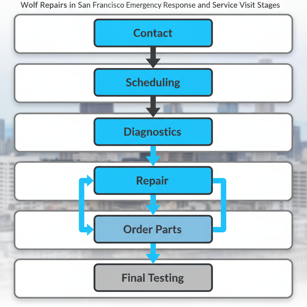 Vertical process flow showing six steps for emergency Wolf appliance repair service, including contact, scheduling, diagnostics, repair, parts ordering, and final testing.