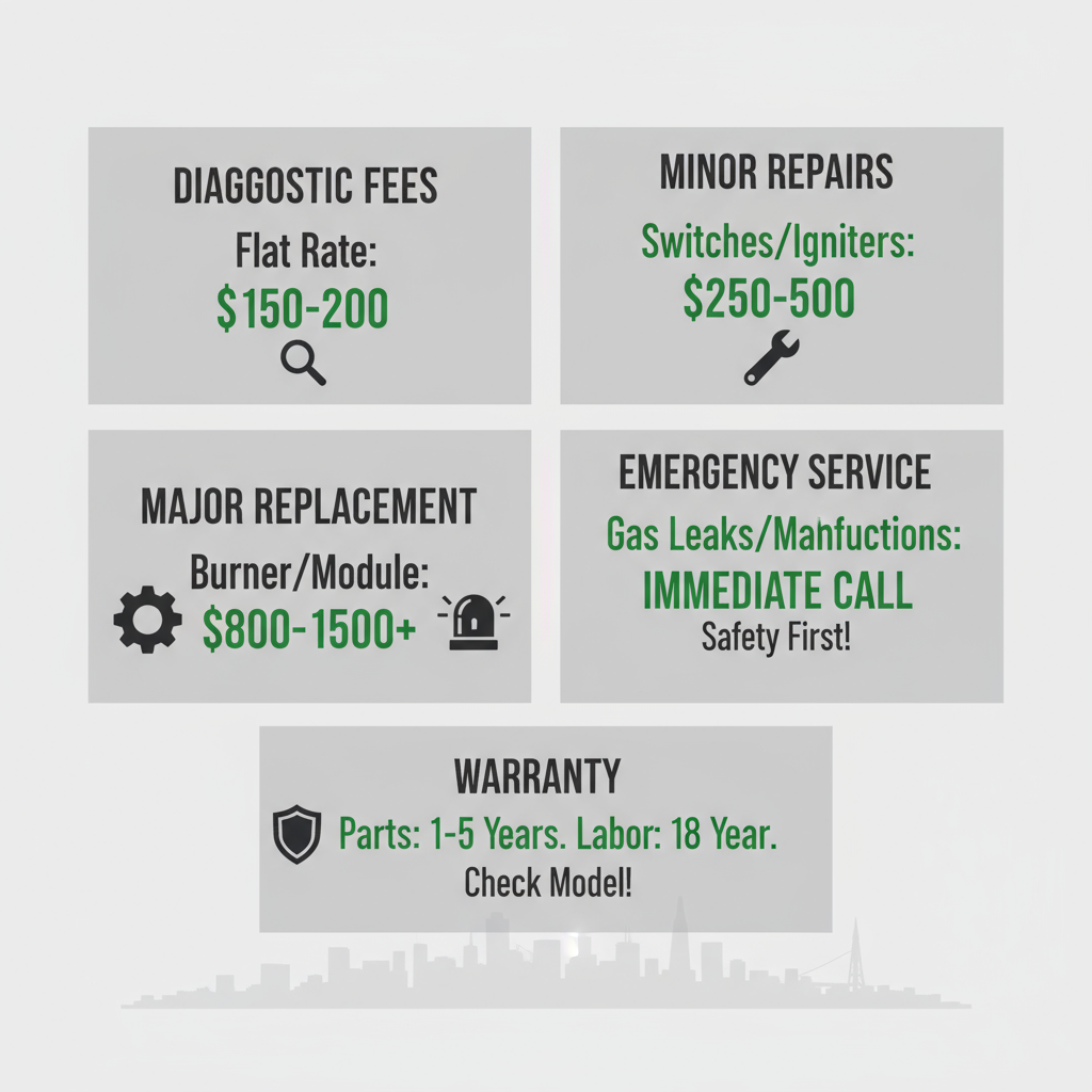 Infographic detailing Wolf range repair costs in San Francisco with emergency and warranty information
