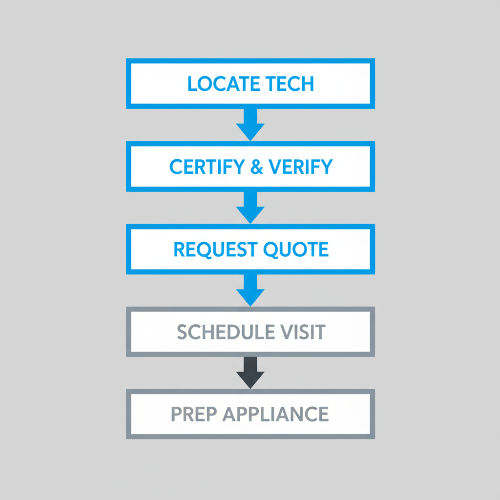 Vertical process flow illustrating the five steps to request Sub Zero appliance maintenance, from locating a technician to preparing for the visit.