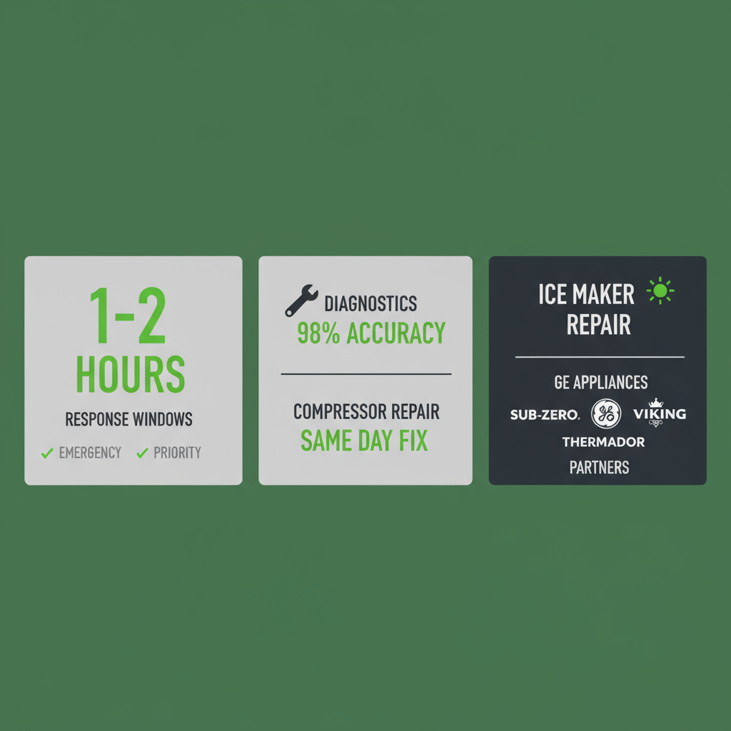 Infographic showing service coverage and key repair services for Newport Beach, California including response times and partner network.
