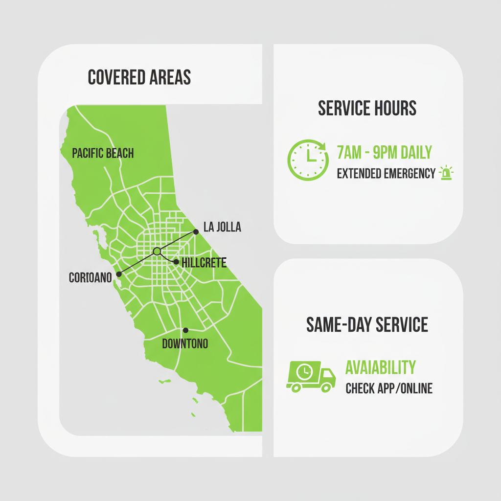 Illustrated map showing Sub Zero Repair service areas in San Diego, highlighting covered neighborhoods and displaying service hours with icons for same-day and emergency availability.