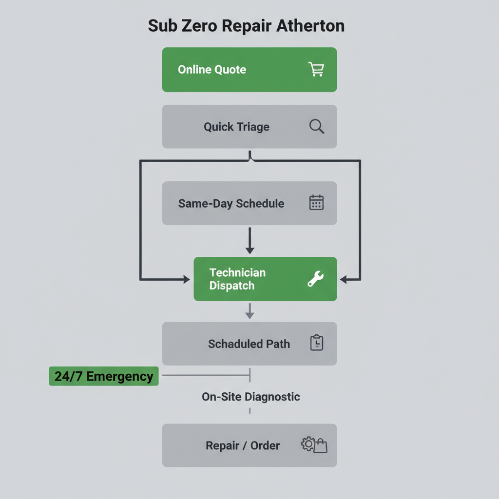 A vertical process flow illustrating the six steps of booking a Sub Zero appliance repair service, from online quote to final repair.