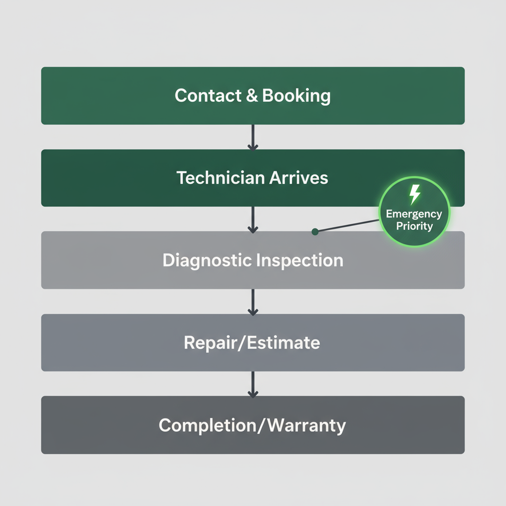 Vertical process flow illustrating the 5 steps of a Sub Zero appliance repair technician visit, from booking to warranty activation, emphasizing emergency service.