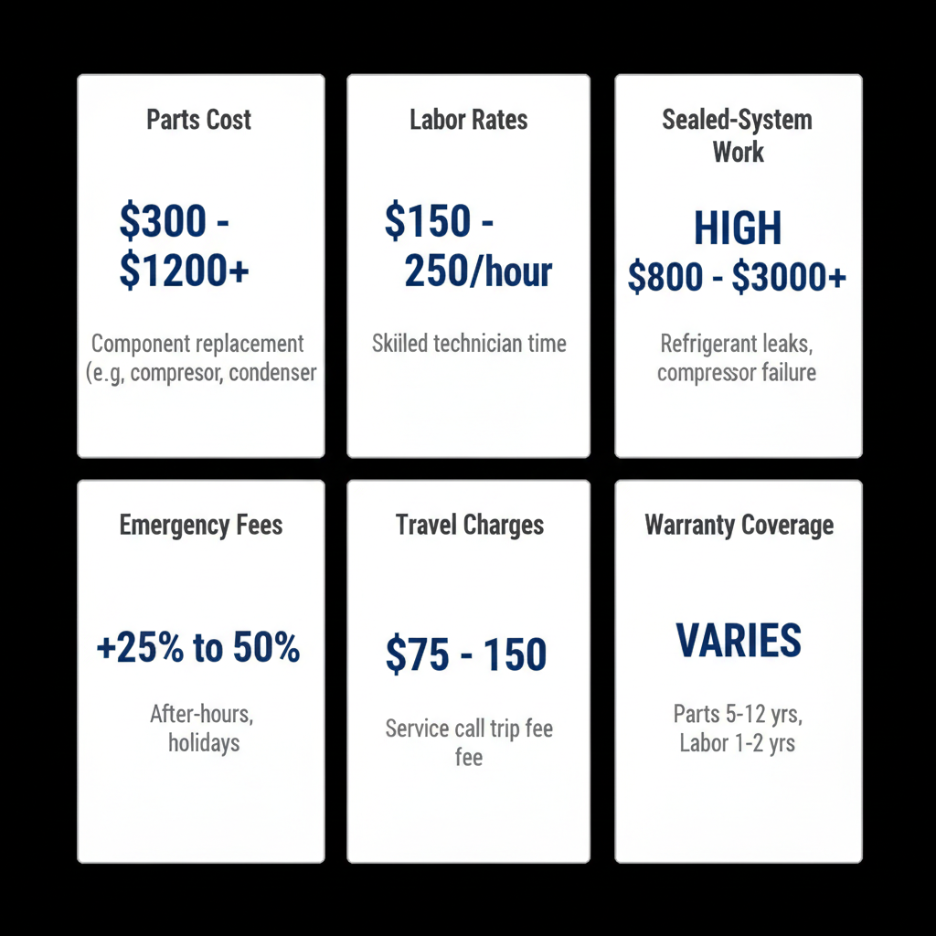 Infographic detailing the factors that influence Sub-Zero repair costs, including parts, labor, sealed systems, emergency fees, travel, and warranty coverage, specific to Los Altos Hills.