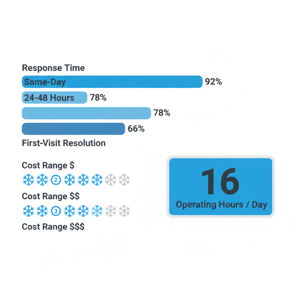 Infographic showing Sub Zero appliance repair response times for Glendale, including emergency and standard service windows, and cost range icons.