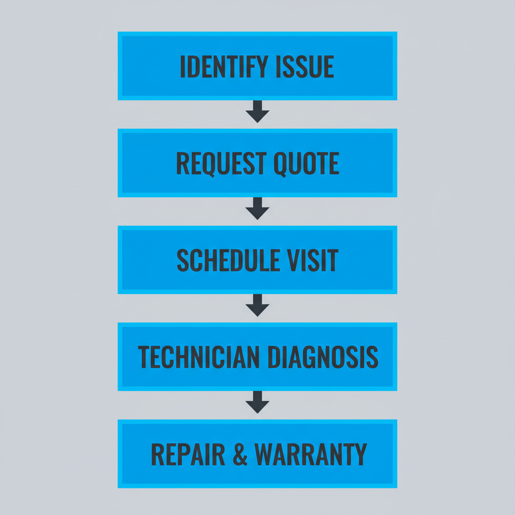 Vertical process flow showing the five steps to book a Sub Zero appliance repair service in Irvine
