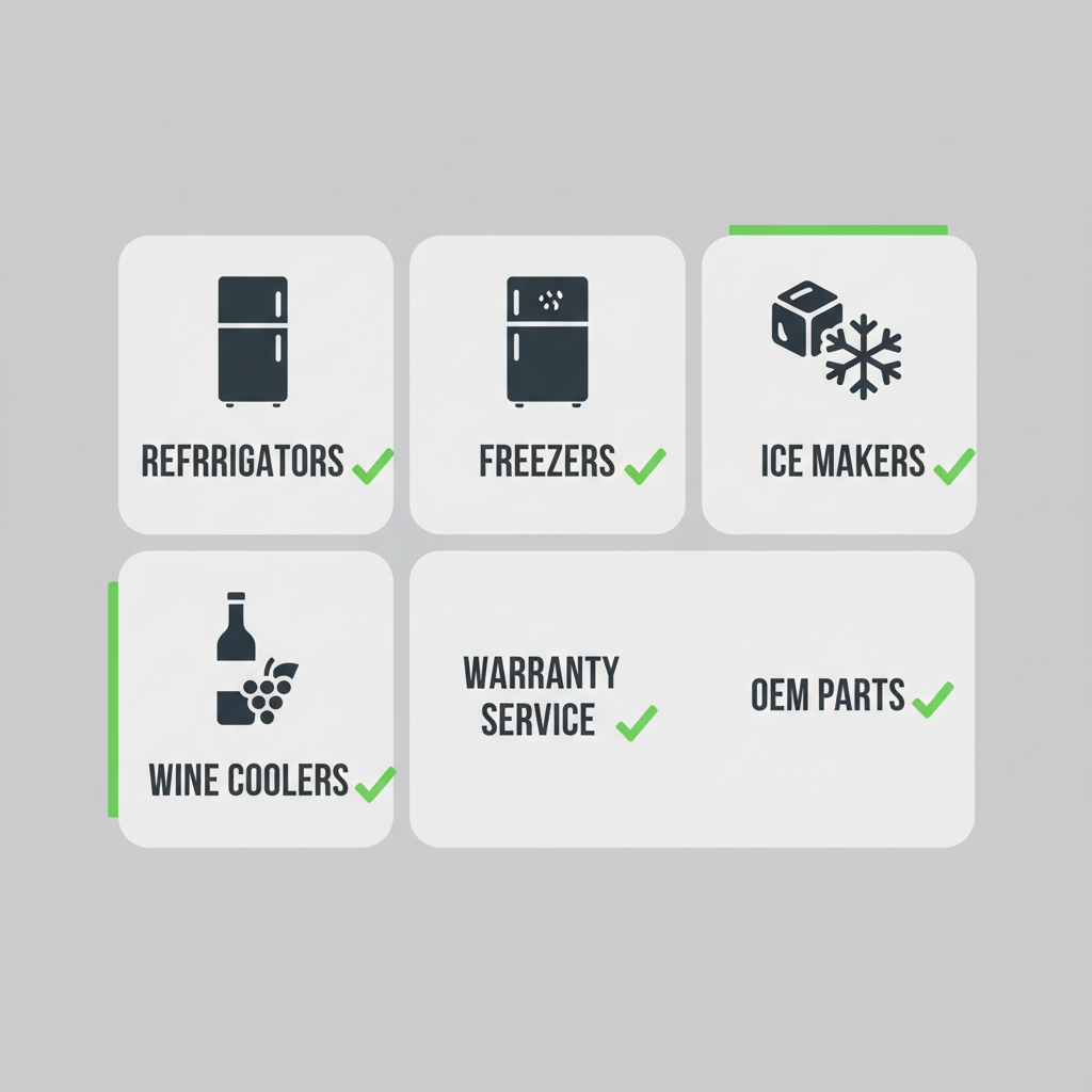 Infographic showing Sub Zero repair services available in Irvine, including specific appliance types, warranty and OEM parts, and local coverage details.
