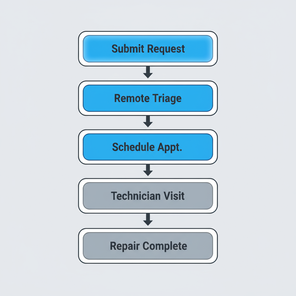 Vertical process flow showing five steps for Sub Zero appliance repair service booking and scheduling.