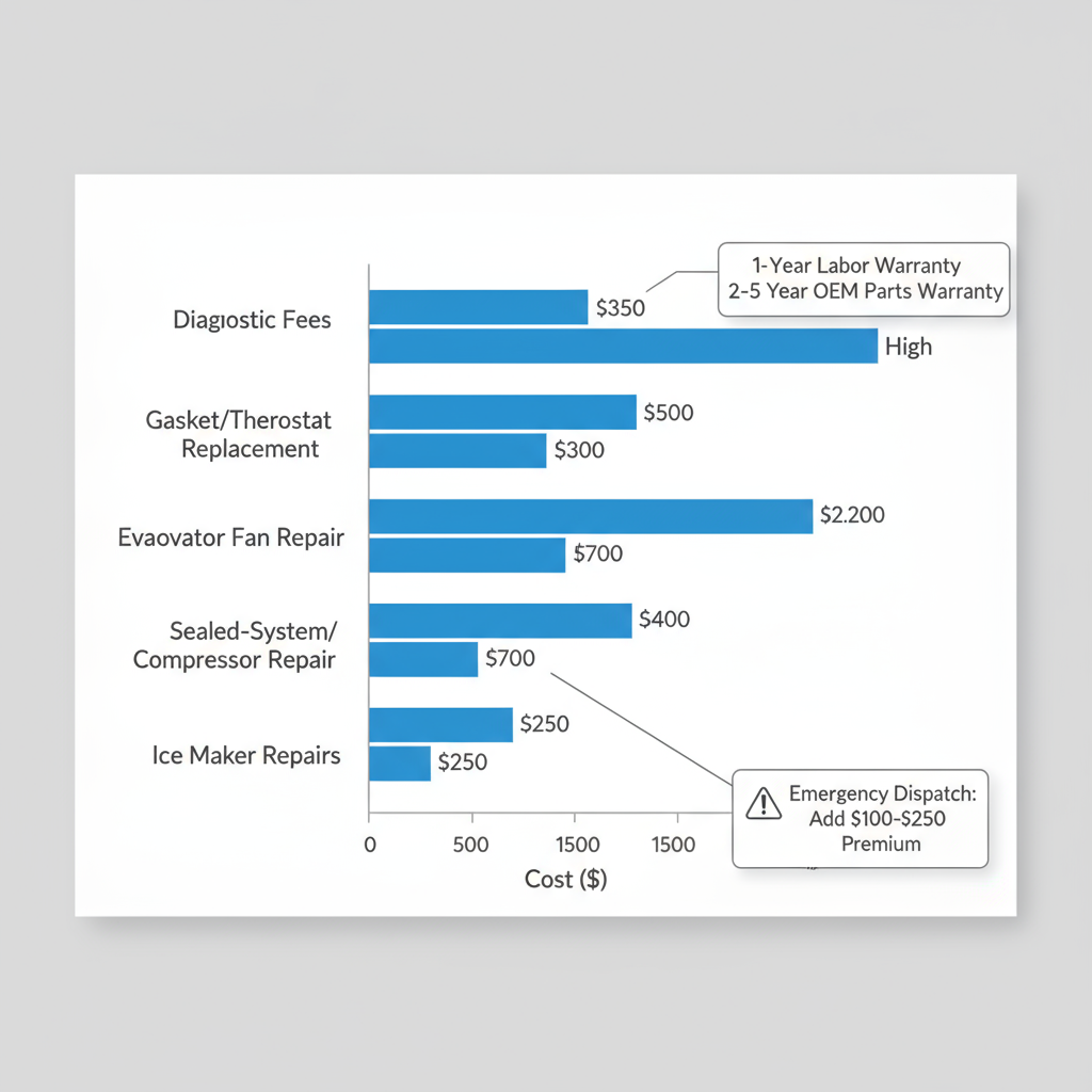 Bar chart illustrating typical repair cost ranges for Sub Zero appliances in Berkeley, including details on warranties and emergency service premiums.