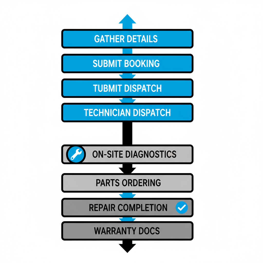 Vertical process flow illustrating the 7-step customer journey for Sub Zero appliance repair, from booking to warranty documentation, in Pasadena.
