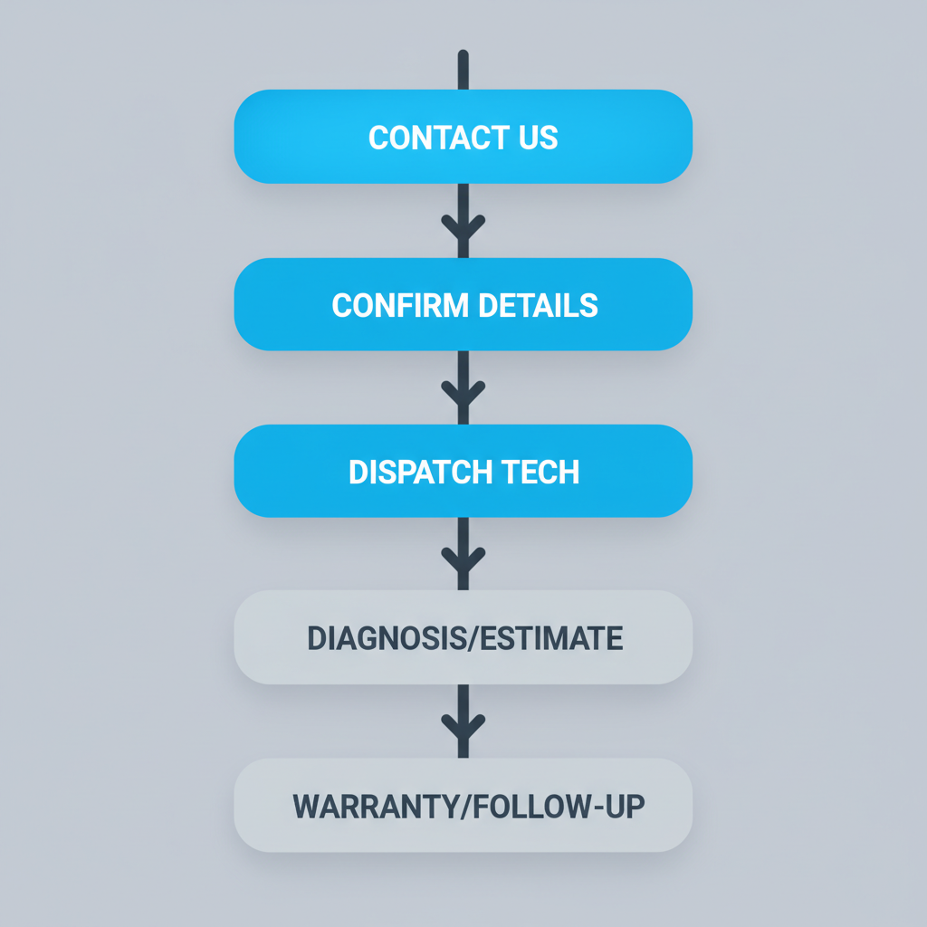 A vertical process flow diagram illustrating the six steps for requesting Sub Zero appliance repair service, from initial contact to warranty registration.