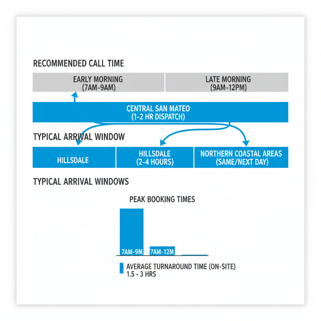 Data visualization showing Sub Zero repair service arrival times and turnaround by neighborhood in San Mateo, including Central San Mateo, Hillsdale, and Northern Coastal Areas.