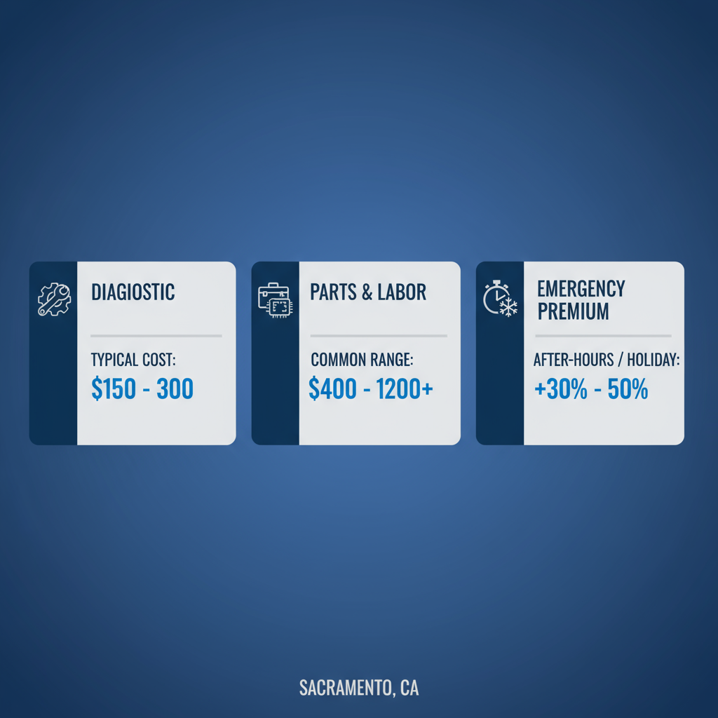 Data visualization showing cost ranges for Sub-Zero appliance repair in Sacramento including diagnostic fees, average parts and labor, and emergency service premiums.