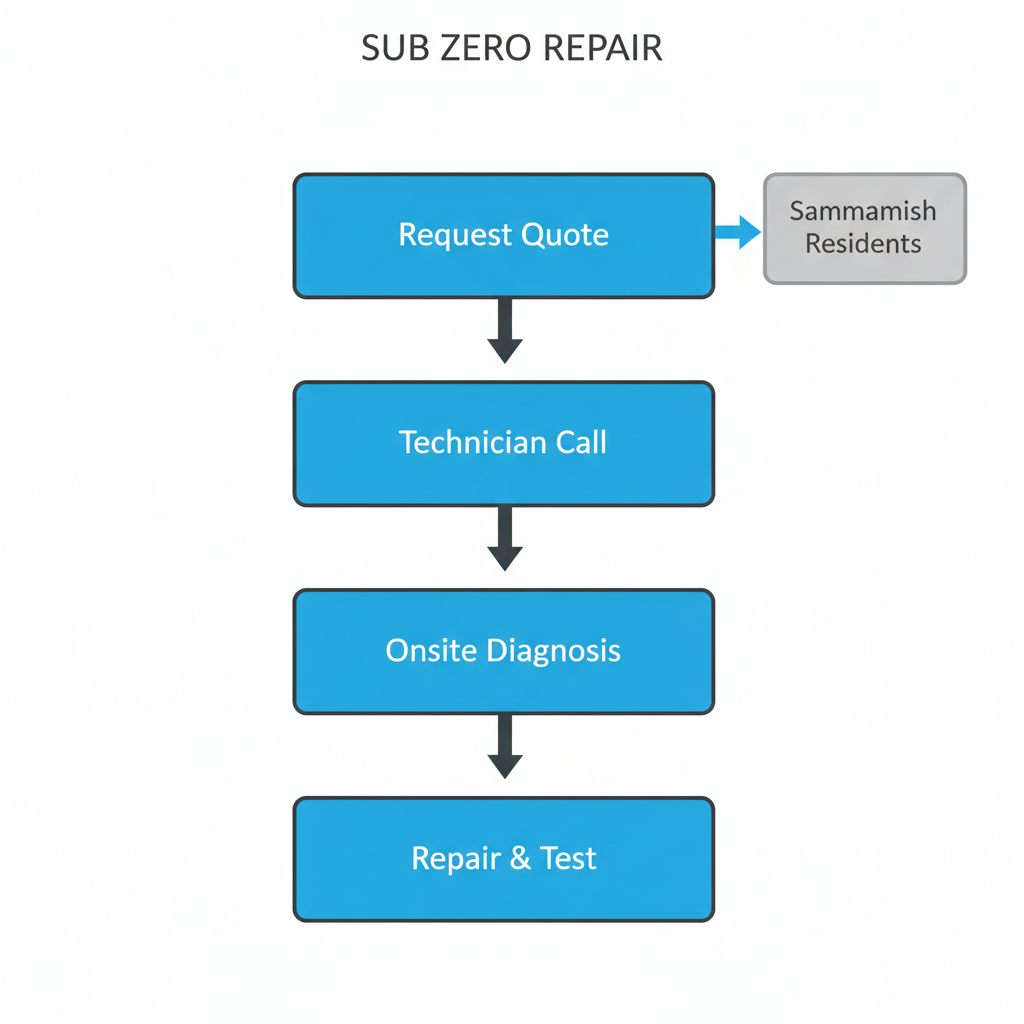 Vertical process flow illustrating the four steps for scheduling a Sub Zero appliance repair service: requesting a quote, technician call, onsite diagnosis, and final repair and testing.