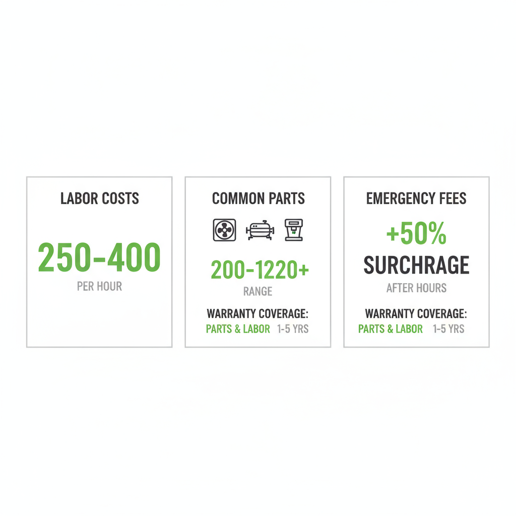 Infographic showing typical Sub-Zero repair costs for labor, parts, and emergency services in Sammamish, WA, with warranty information.
