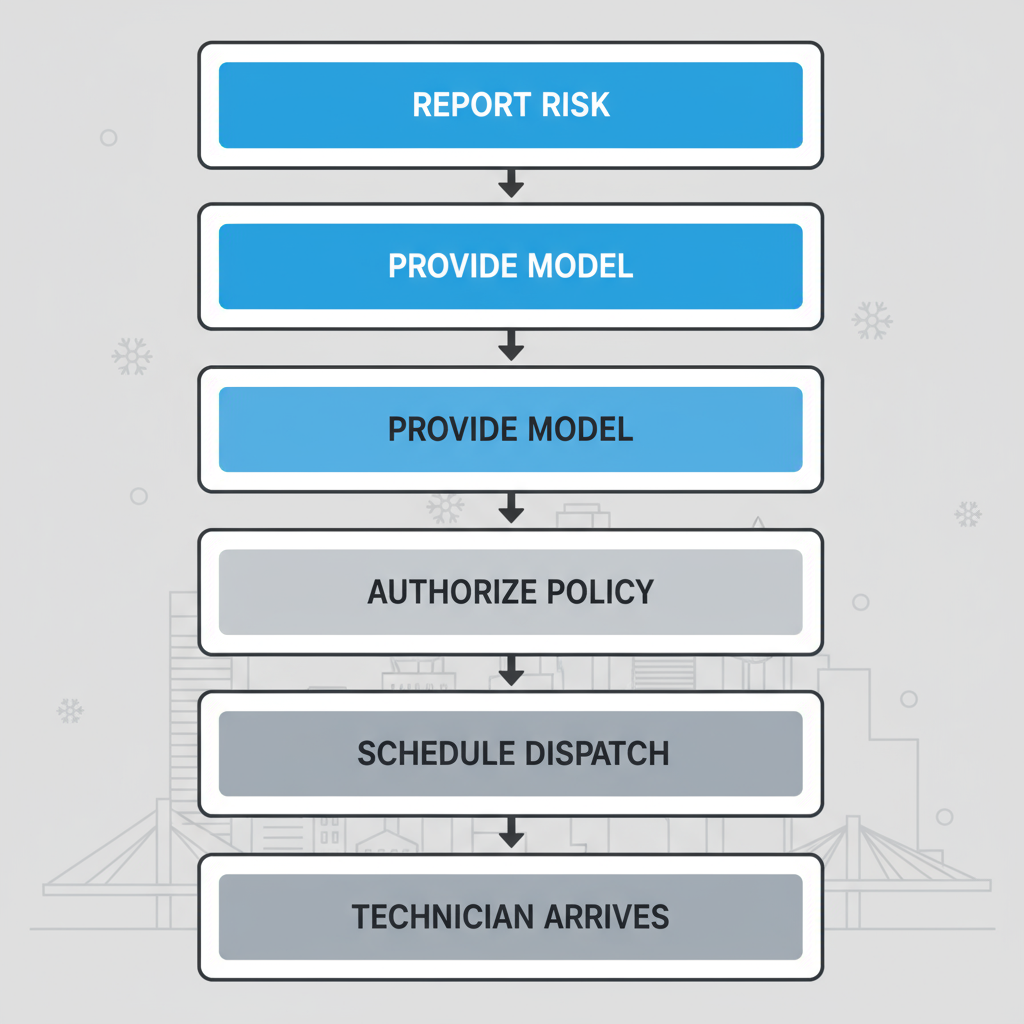Vertical process flow illustrating the five steps for emergency Sub Zero appliance repair service request, from reporting a fault to technician arrival in Seattle.