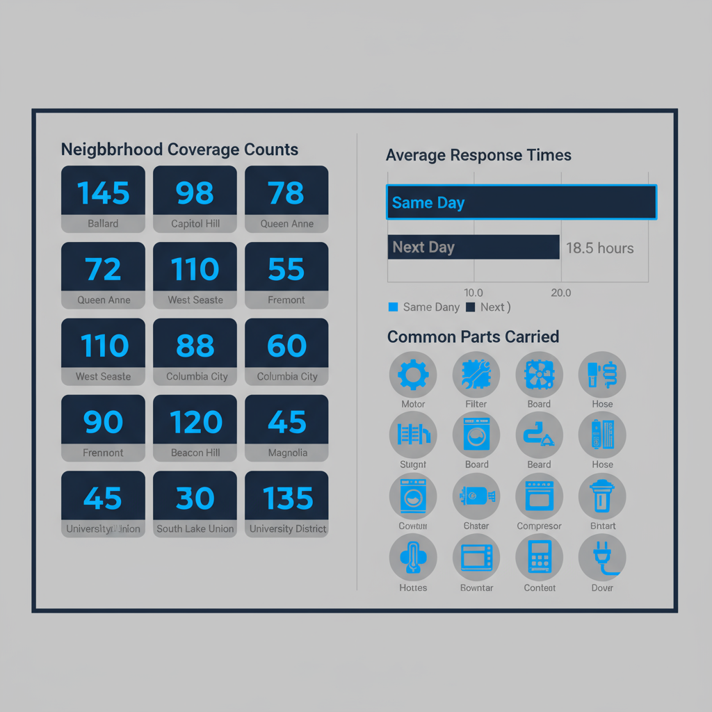 Data visualization showing Sub Zero repair service coverage and response times in Seattle neighborhoods.