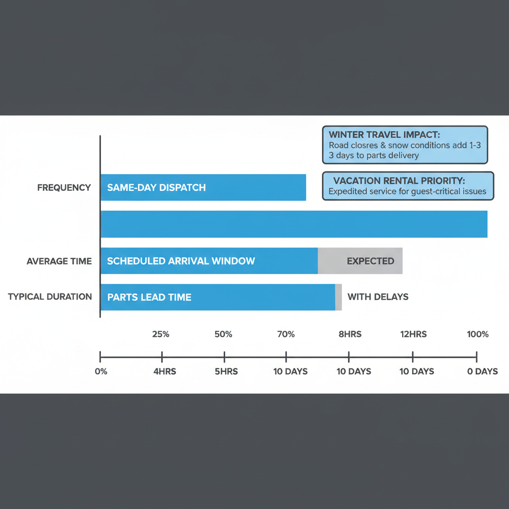 Landscape bar chart showing Sub Zero Repair response times in Breckenridge, including same-day dispatch, scheduled arrival windows, and parts lead times, with notes on winter travel.