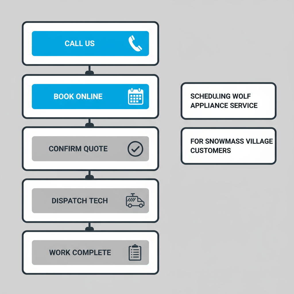 Vertical process flow illustrating five steps for scheduling appliance repair service: Call Us, Book Online, Confirm Quote, Dispatch Tech, Work Complete.