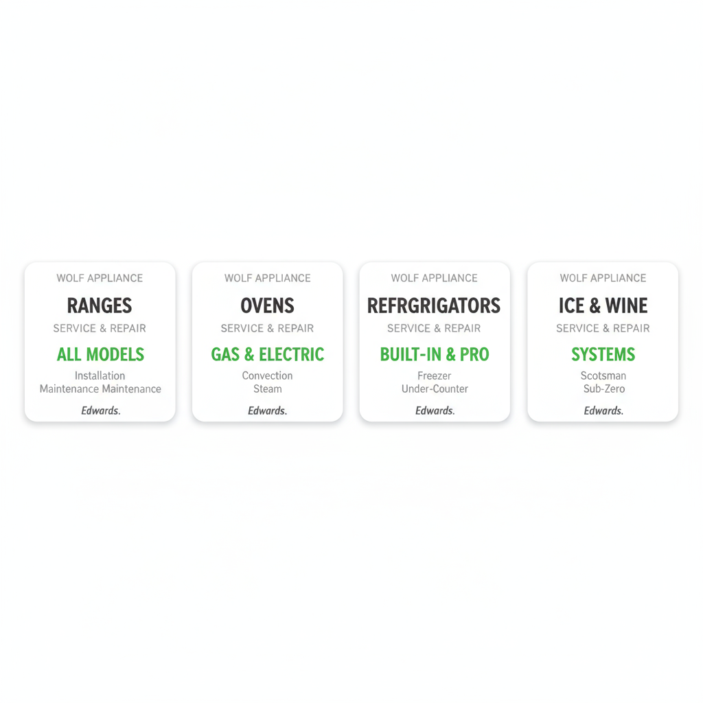 Infographic detailing Wolf appliance types serviced in Edwards, highlighting common repairs and troubleshooting tips.